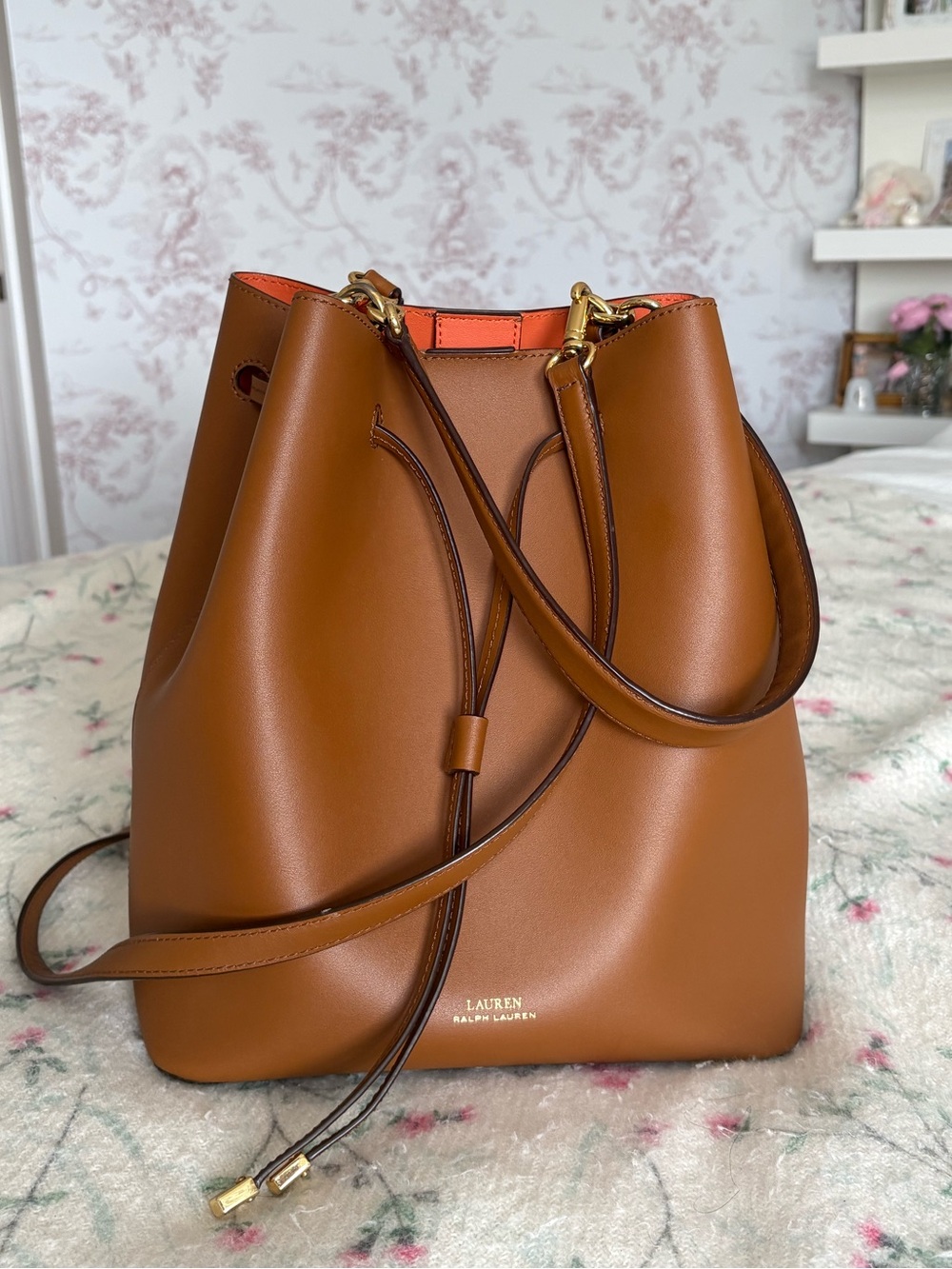 RALPH LAUREN Brown Leather Bucket Drawstring Bag